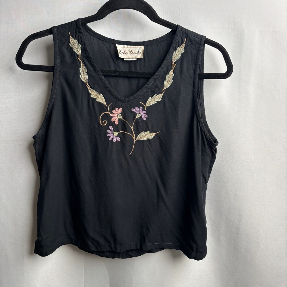 Vintage Black Rayon Embroidered Floral Sleeveless V-Neck Top M Boho Whimsigoth